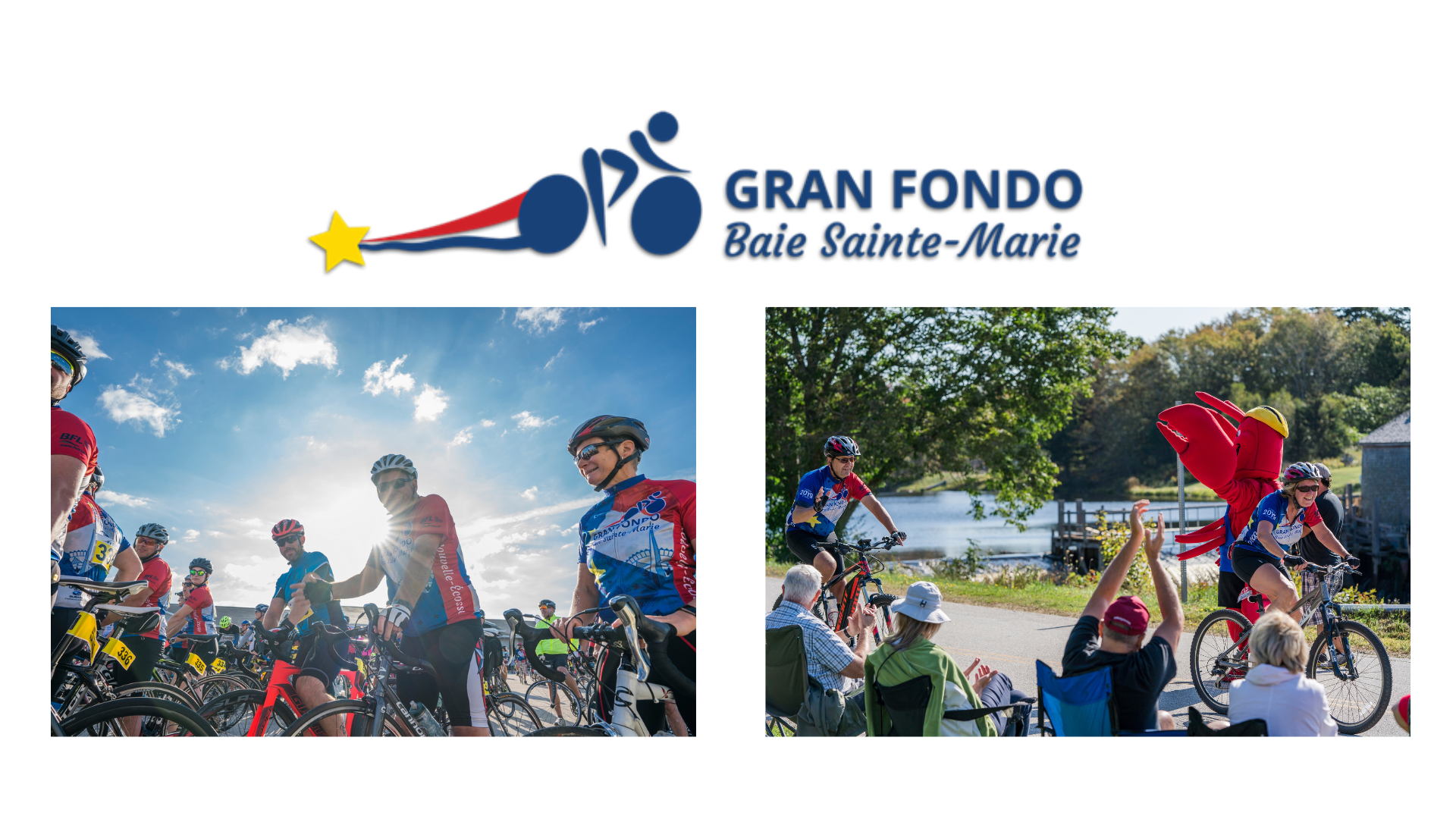 Deux images de cyclistes lors du Gran Fondo Baie Sainte-Marie 2019 et le logo du Gran Fondo Baie Sainte-Marie.