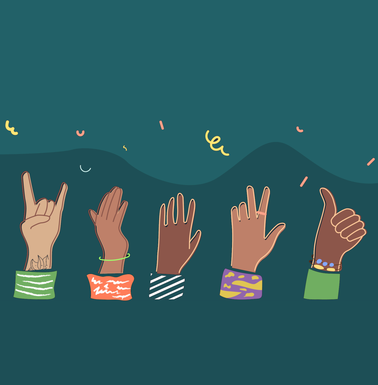 an illustration of hands from various cultural backgrounds