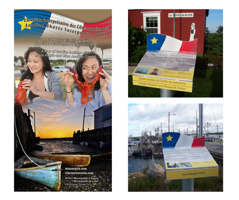 Deux images des panneaux interprétatifs actuels et une image de la couverture de la brochure de l'Excursion interprétative des Côtes acadiennes.